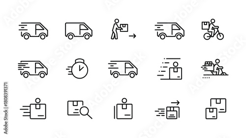 Icons depict delivery services, vans, and package transport concepts.