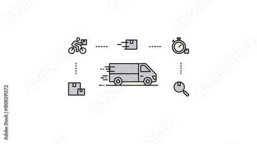 Delivery icons depict a van, bicycle courier, packages, stopwatch, and magnifying glass.