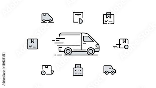 Delivery van and package icons represent fast shipping and logistics services