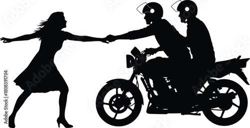 Silhouette vector of woman running to hold hands with motorcycle rider, romantic departure or greeting concept, isolated on white.