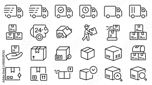 A collection of line art icons representing delivery trucks, boxes, and logistics services.
