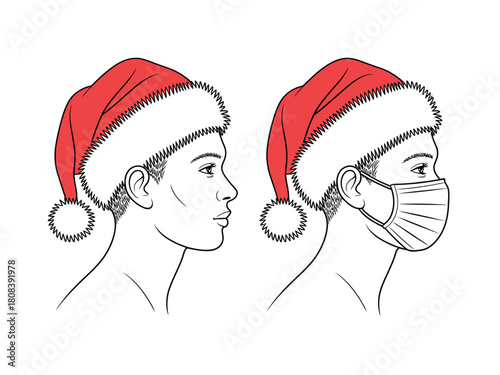 Christmas hat is worn by a person with and without a protective face mask