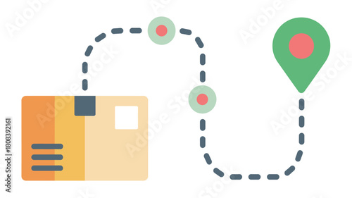 A package follows a dashed line route to a destination marker.