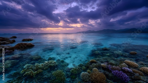 Fototapeta Naklejka Na Ścianę i Meble -  Dramatic twilight sky over a clear tropical ocean with vibrant coral reefs submerged in shallow water