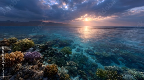 Fototapeta Naklejka Na Ścianę i Meble -  A vibrant coral reef glows in clear turquoise ocean waters under a dramatic sky at sunset