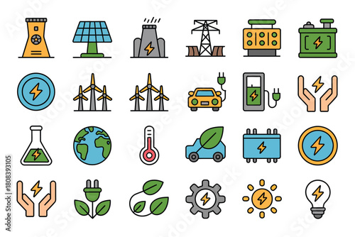 A collection of icons representing renewable energy sources and technology.