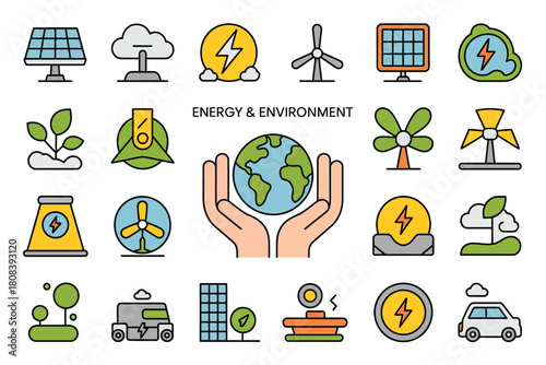 Hands cradle the Earth surrounded by icons representing energy and environmental concepts.