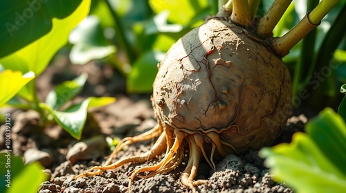 Close up of a celeriac growing in the garden soil