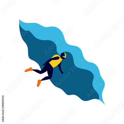 Diver Exploring Underwater Cave Minimal And Simple Realistic Colorful Vector White Background Only