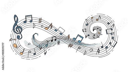 Abstract flowing musical notes and clefs, illustrating the unending rhythm and creative essence of melody