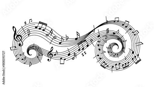 Musical Swirl Flowing Melody with Notes and Staff Lines Design