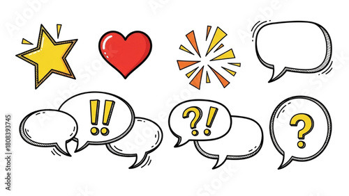 Hand-drawn Doodle Set of Comic Style Speech Bubbles, Star, Heart, and Expression Elements