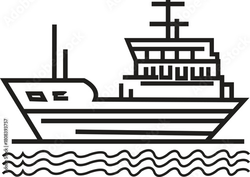Geometric Line Art Icon of a Large Modern Ship, Yacht, or Research Vessel Sailing on Waves