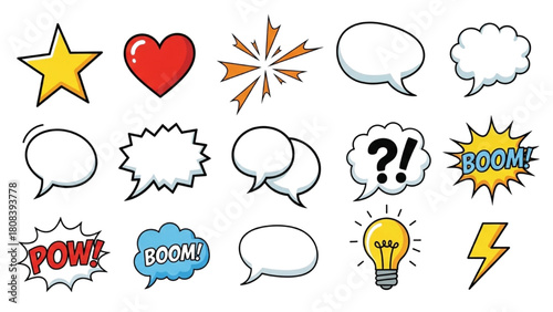 A colorful vector set of comic book speech bubbles, pop art explosions, and graphic design concept icons