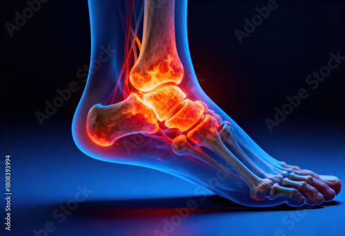Human foot anatomy with glowing pain highlighting ankle and tarsal bones against dark blue background