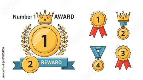 Illustrative vector set of prestigious award medals and achievement badges featuring ribbons, laurels, and crowns, symbolizing success, victory, and top performance in competitions and recognition