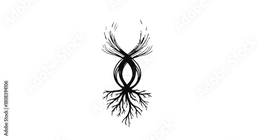Abstract representation of organic growth and interconnectedness with roots and branches forming a central shape.