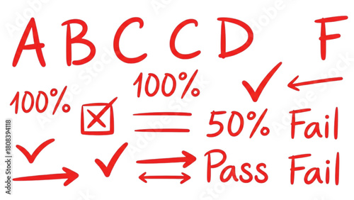 Illustrative display of academic grading symbols, success indicators, and failure markers for educational assessment