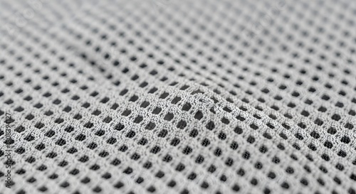 Close up view of a light grey mesh fabric with a repeating diamond pattern and a dark background