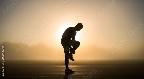 Silhouette of a male athlete tying shoe on running track during foggy sunrise