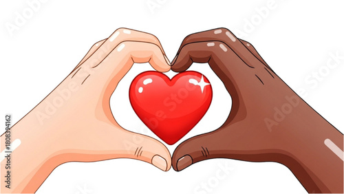 Hands of different skin tones making a heart shape, a beautiful symbol of love, unity, and diversity