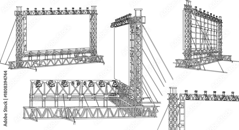 Fototapeta premium Technical wireframe illustration of stage truss structure with large LED screen, metal scaffolding construction views isolated on white.