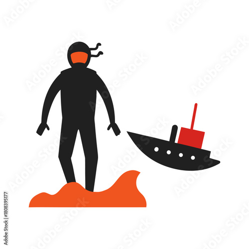 Scuba Diver Near Sunken Shipwreck Minimal And Simple Colorful Vector White Background Only