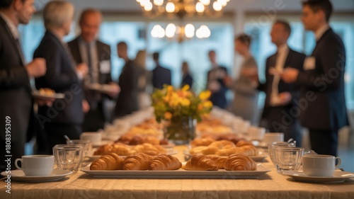 Elegant corporate breakfast meeting with croissants and coffee fosters collaboration and networking