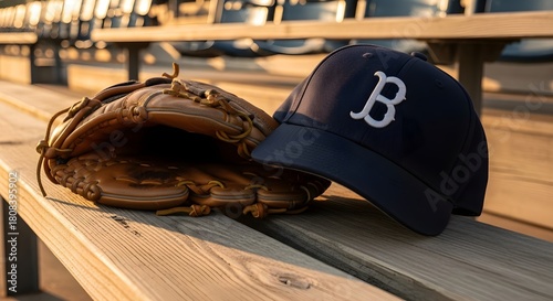 Baseball glove and navy cap with white 'B' emblem resting on wooden bleachers