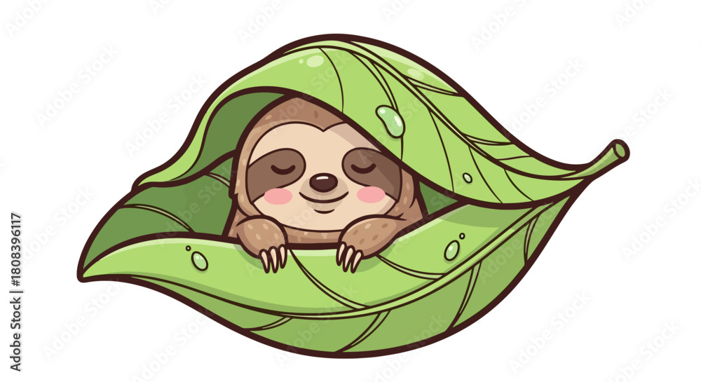 Naklejka premium Charming kawaii sloth character smiling with closed eyes, snuggled up cozily inside a large tropical leaf with dew drops, a symbol of serene nature and relaxation