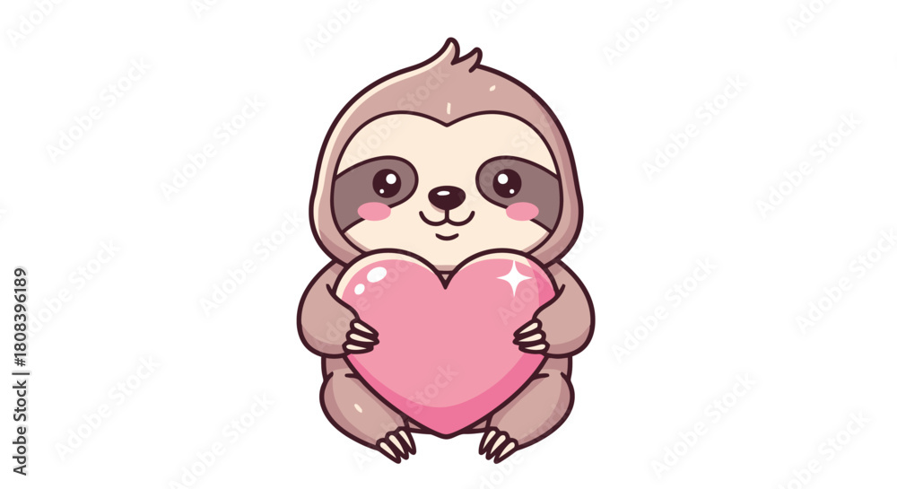 Naklejka premium Cute cartoon sloth hugging a pink heart, symbolizing love, affection, and Valentine's Day, perfect for a heartwarming greeting card or a sweet social media post
