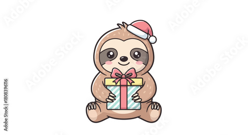 Adorable cartoon sloth wearing a festive Santa hat and holding a beautifully wrapped Christmas gift, perfect for holiday greetings and seasonal designs
