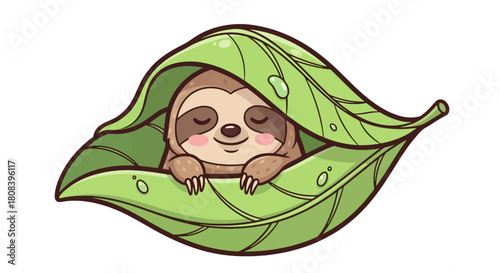 Charming kawaii sloth character smiling with closed eyes, snuggled up cozily inside a large tropical leaf with dew drops, a symbol of serene nature and relaxation