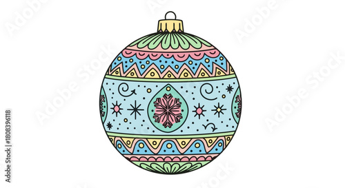 Vibrant hand-drawn holiday bauble illustration adorned with intricate doodle patterns and a charming festive design, perfect for seasonal decorations and greeting cards