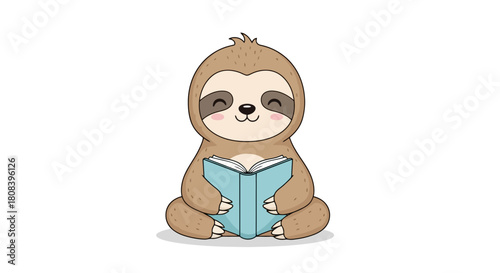 Adorable Sloth Reading a Book Illustration, Cute Animal Enjoying Storytime, Friendly Mammal