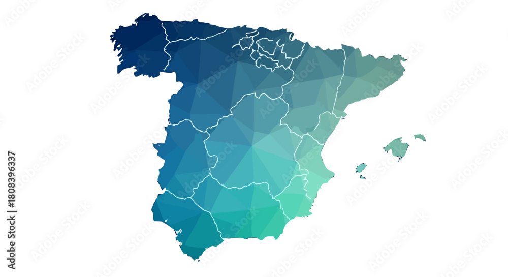 Fototapeta premium Abstract geometric map of Spain with a vibrant blue and green gradient, representing a digital or modern design approach to cartography
