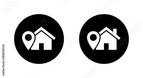 Home location icon in black circle. House with map pin symbol. Residential address sign