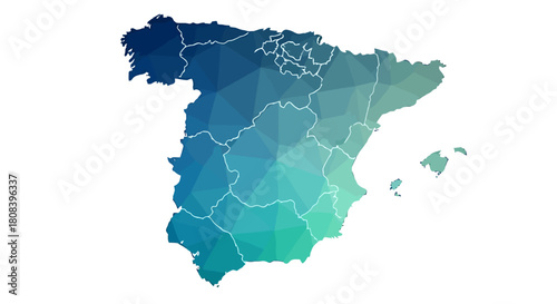 Abstract geometric map of Spain with a vibrant blue and green gradient, representing a digital or modern design approach to cartography