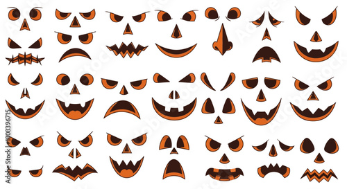Halloween Pumpkin Carving Faces Vector Set - Spooky Jack-o'-Lantern Expressions & Stencils
