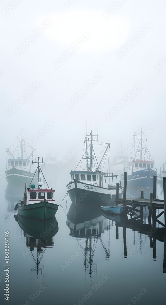 Fototapeta premium Fishing boats docked in a foggy harbor with calm water and reflections