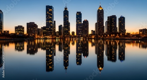 Illuminated city skyline with tall modern buildings and water reflections at dusk