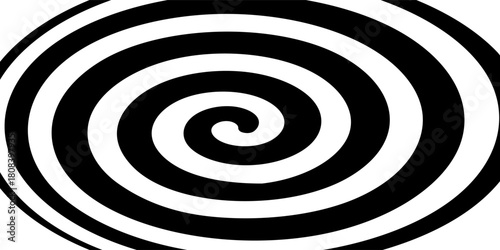 Black and white hypnotic spiral background. Radial optical illusion art. Swirl tunnel wallpaper. Spinning concentric circles. Vortex or whirlpool design for poster, banner, flyer, booklet. Vector