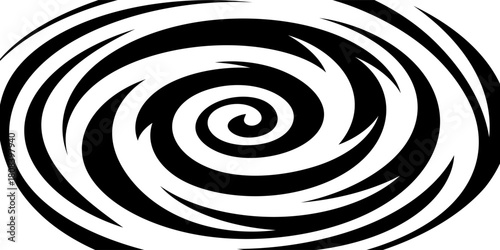 Black and white hypnotic spiral background. Radial optical illusion art. Swirl tunnel wallpaper. Spinning concentric circles. Vortex or whirlpool design for poster, banner, flyer, booklet. Vector