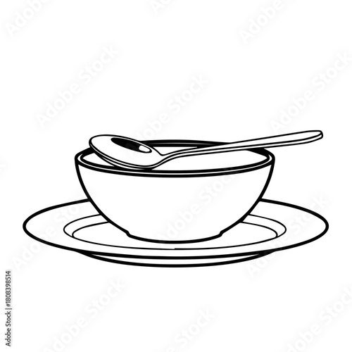 A Simple Line Drawing of a Bowl of Soup with a Spoon on a Saucer