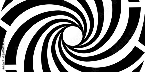Black and white hypnotic spiral background. Radial optical illusion art. Swirl tunnel wallpaper. Spinning concentric circles. Vector Ilustration, eps10
