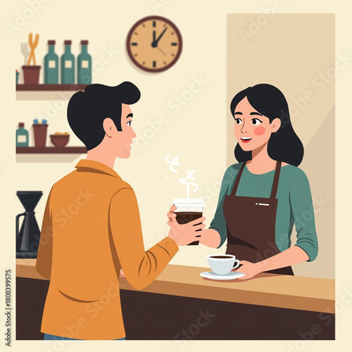 Barista serving coffee to a customer at a cafe counter