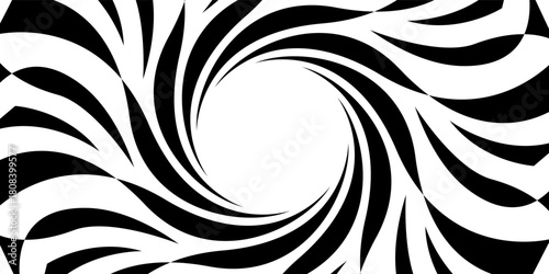 Black and white hypnotic spiral background. Radial optical illusion art. Swirl tunnel wallpaper. Spinning concentric circles. Vector Ilustration, eps10