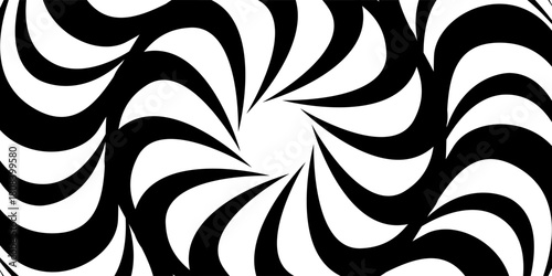 Black and white hypnotic spiral background. Radial optical illusion art. Swirl tunnel wallpaper. Spinning concentric circles. Vector Ilustration, eps10