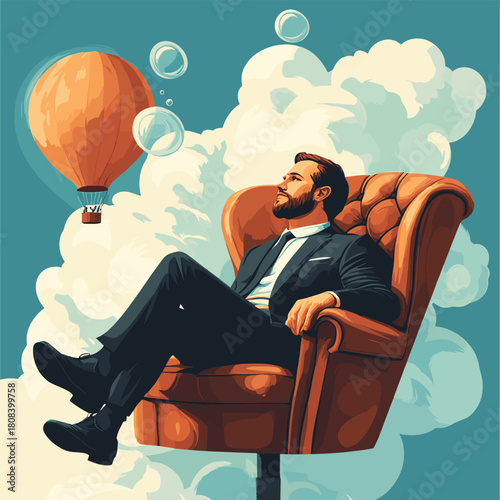 Businessman and soap bubble. Man sit in leather chair. Hot air balloon , vector style simple color