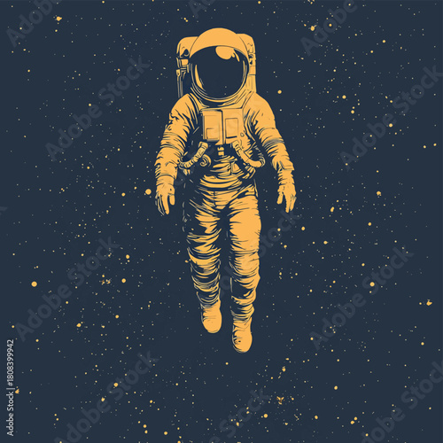 Flying astronaut. Cosmonaut abstract retro poster. Lonely man in space  , vector style simple color